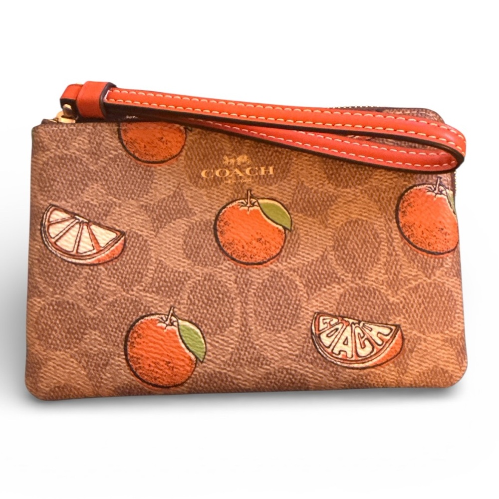 Coach Citrus Print Brown and Orange Wristlet-NWT